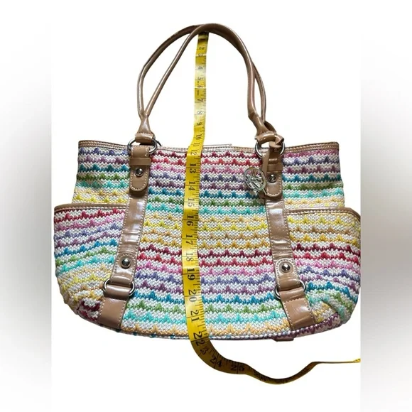 Woven Multicolor Straw Tote Bag Tan Faux Leather Handles Shoulder Purse - Picture 14 of 16